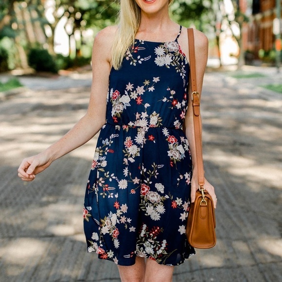 Lush Women’s Navy Blue Floral Spaghetti Strap Mini Dress, size Small - Picture 1 of 13